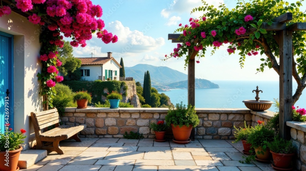 Fototapeta premium Serene Mediterranean Patio Overlooking the Azure Sea, Adorned with Vibrant Blossoms and Rustic Stonework, Offering a Tranquil Escape