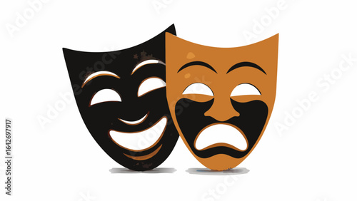 Two theatrical masks one black and one orange depicting comedy and tragedy on a white background silhouette