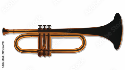 Slika na platnu Illustration of a brassy trumpet with black accents and valves on a white backgr
