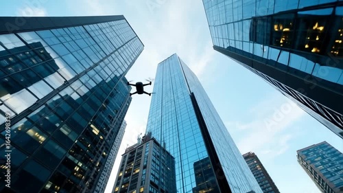 Advanced drone surveys city skyscrapers for futuristic urban exploration and aerial data collection. AI generative video
