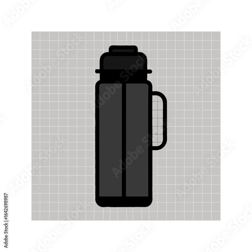 Modern black thermos bottle with handle on a grey background