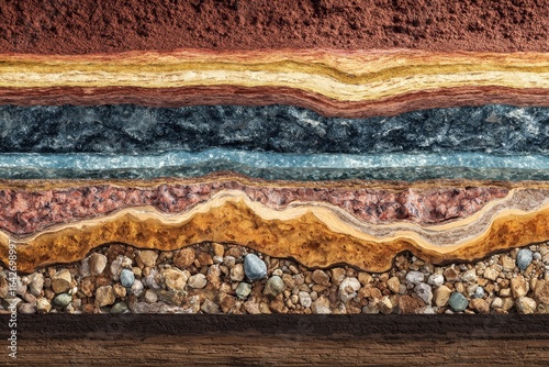 Detailed Cross-Section of Earth Layers with Soil, Rock, and Water