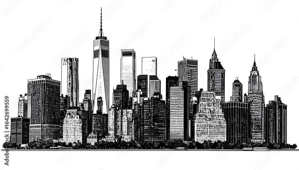 Obraz premium Monochrome cityscape skyline, various building heights and styles