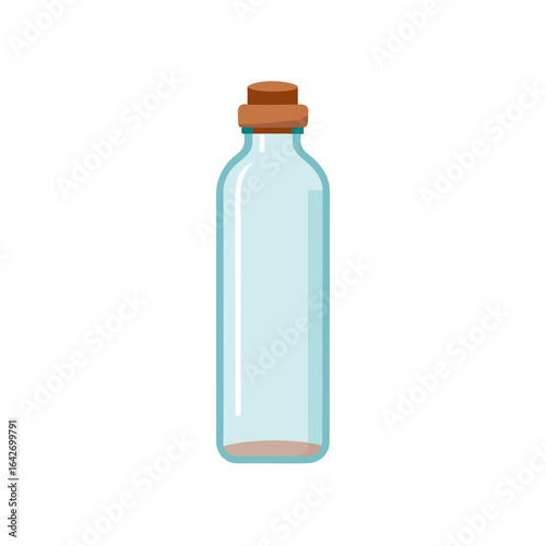 Clear glass bottle with a cork stopper and a small amount of liquid