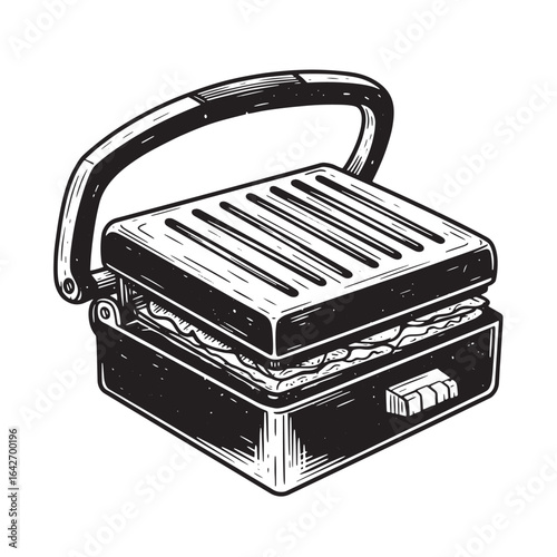 Vintage illustration of a sandwich maker with a delicious grilled sandwich inside and ready