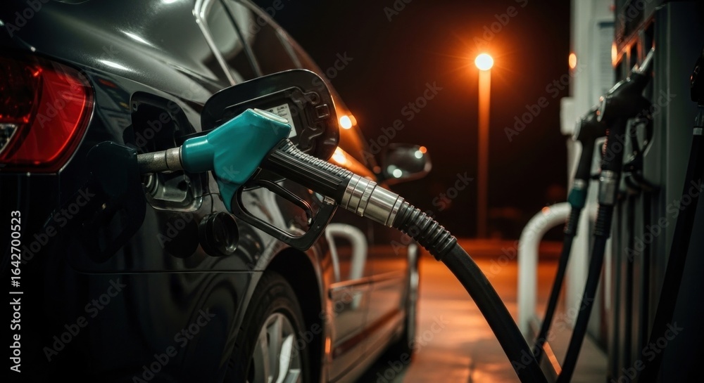Filling black car at night with blue handle fuel nozzle Filling black car at night with blue handle fuel nozzle
