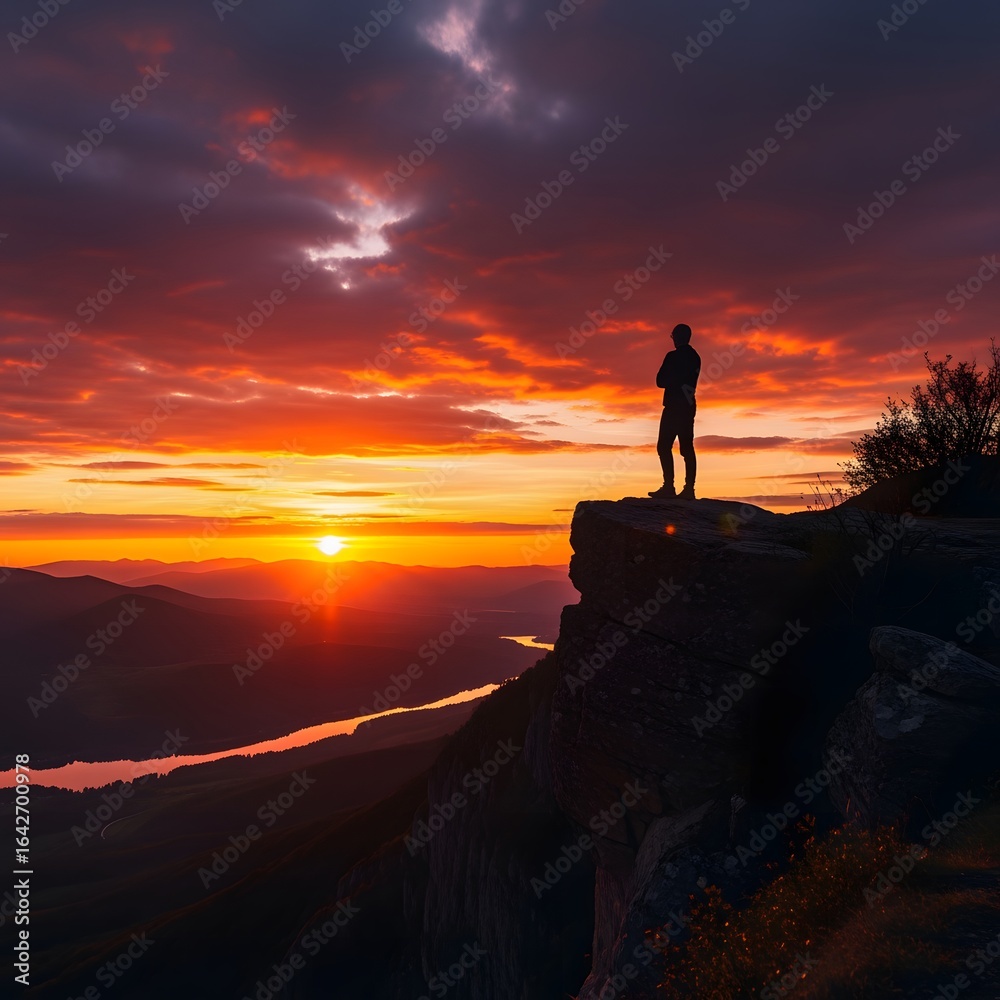 Fototapeta premium Silhouette of a person on a mountaintop at sunrise overlooking a valley.