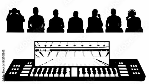 Silhouetted figures above a keyboard displaying a stadium create a surreal composition art piece