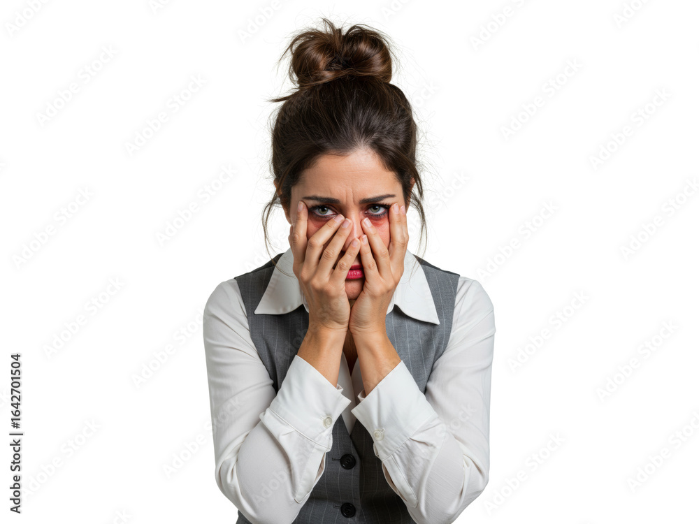 Exhausted businesswoman in professional attire covering her face, reflecting work stress and emotional burnout Exhausted businesswoman in professional attire covering her face, reflecting work stress and emotional burnout