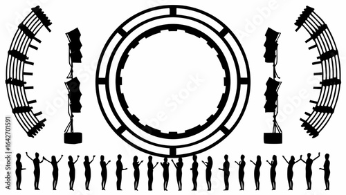 Silhouette of a circular structure with people and speakers, creating a stage like presentation area