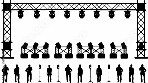 Silhouette illustration of a stage setup with trussing lights and a crowd of people in a concert setting