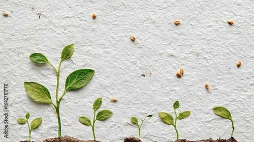 Conceptual artistic image of young plants sprouting on textured white background art