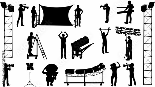 Silhouette illustration showing a film crew and equipment on a movie set with various elements present
