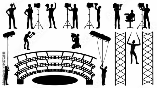 Silhouette illustration depicting a film crew and stage setup with lighting equipment and stadium seating