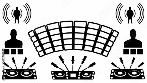 Illustration of sound system setup with speakers, audio mixers, and audience silhouettes in black and white