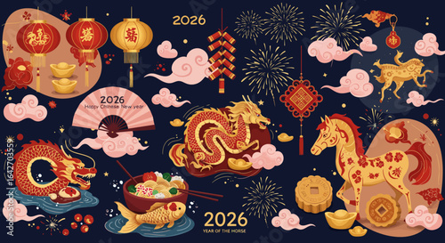 Festive Chinese New Year 2026 Illustration with Dragons and Horse.