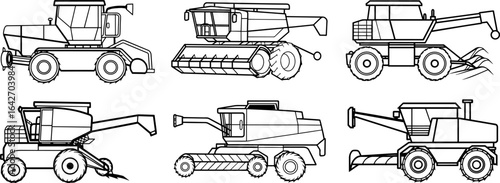 Set of Combine harvester outline vector illustration, line art