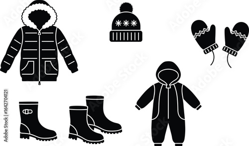 Winter clothing set for baby, warm jacket, knitted hat, mittens, snow boots, insulated coverall, cold weather gear, infant winter apparel, seasonal baby outfit