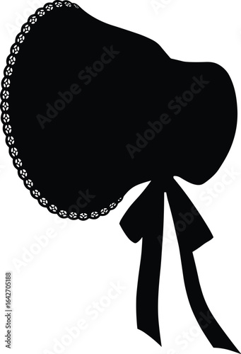 Vintage bonnet silhouette with ribbon, retro headwear design, classic ladies hat, elegant fashion accessory, lace trim detail, Victorian style, black and white vector illustration