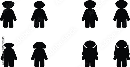 Black silhouette icons of kids wearing hats and headscarves, diverse children figures, vector shapes, simple child avatars, multicultural design elements, flat style illustration