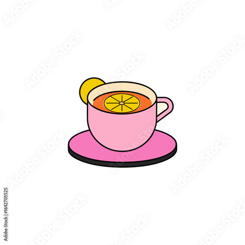 Pink teacup with orange drink lemon slice and saucer