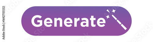purple button with the word generate and a magic wand ,sparkle, create, start isolated on white background