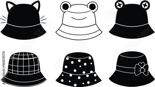 Cute bucket hats collection, animal ears and patterned designs, kids summer hats set, playful headwear icons, vector black and white illustration, fashion accessories