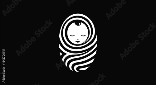 Modern baby swaddle logo, minimalist newborn wrapped icon, sleeping infant face illustration, black background design, peaceful baby graphic, child care branding symbol, vector art