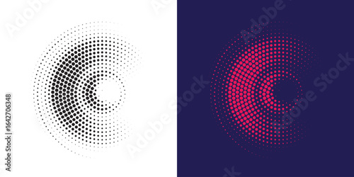 Halftone circle frame dotted background set. Round border Icon using halftone random circle dots raster texture. Grunge circular stain. Vector illustration.