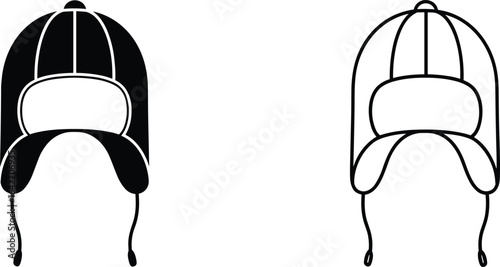 Winter trapper hat vector set, front view fur hat illustration, black and white version, warm cold weather headwear, outline style, cozy fashion accessory