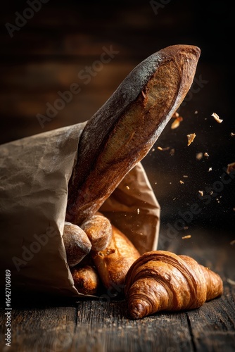 Fresh Baked Bread Assortment in Paper Bag with Croissant on Rustic Wood