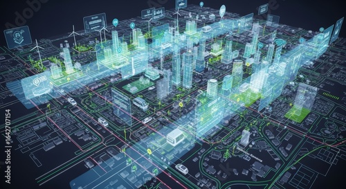 A futuristic cityscape with digital overlays. Skyscrapers, green spaces, and smart technology elements are visible. The scene represents urban development and innovation.