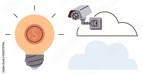 Lightbulb with dollar sign radiates ideas, security camera monitors, connected to cloud computing. Ideal for security, innovation, technology, finance, cloud storage, surveillance digital economy