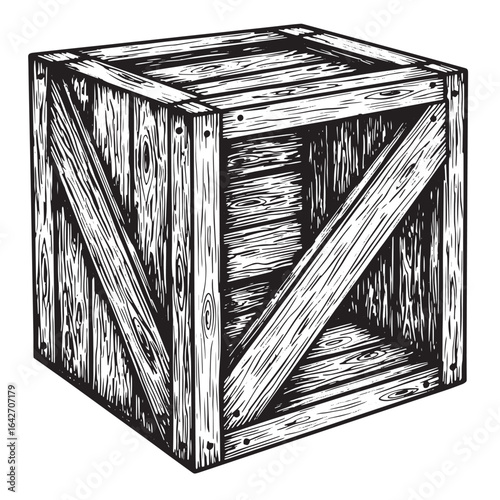 Detailed black and white illustration of a wooden shipping crate on a white background