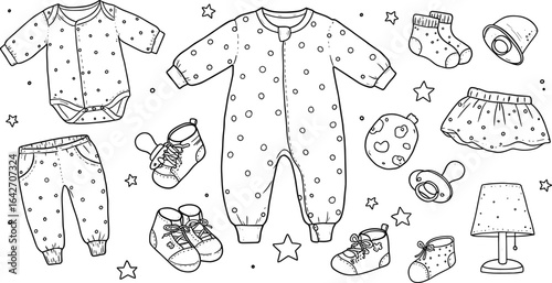 Newborn baby clothes and accessories set, baby romper, onesie, shoes, pacifier, hat, pants, skirt, socks, lamp, cartoon style, nursery essentials