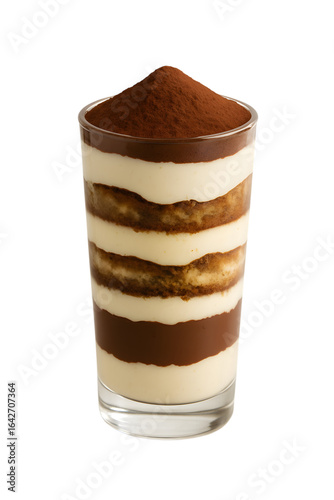 Delicious layered tiramisu dessert in a glass topped with cocoa powder