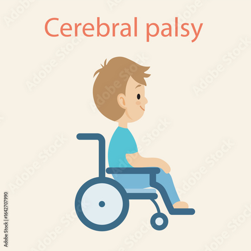 Minimalist vector illustration of cerebral palsy showing symptoms like muscle stiffness, poor coordination, tremors, and highlighting similarities with stroke and multiple sclerosis. kid wheel chair 
