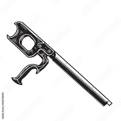 Detailed hand saw vector illustration in black and white on a clean white background