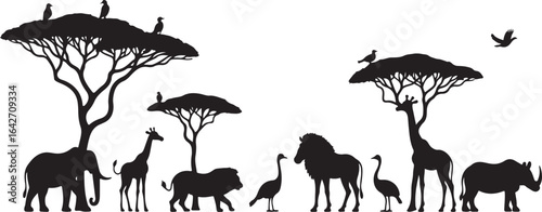 A vector illustration set of black animal silhouettes featuring wild and domestic mammals