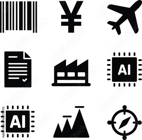 Business and Technology Icons with Barcode Yen Airplane Factory AI Chip currency