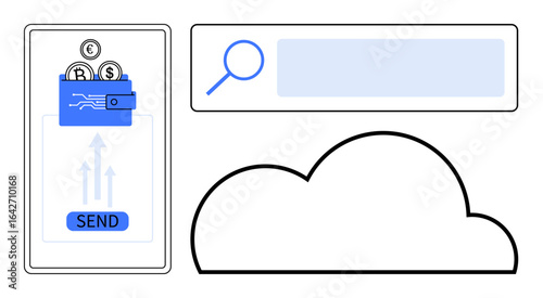Mobile wallet with digital currency coins being sent, a search bar with a magnifying glass icon, and a cloud symbol. Ideal for digital payment, fintech, cloud services, online storage, search engine