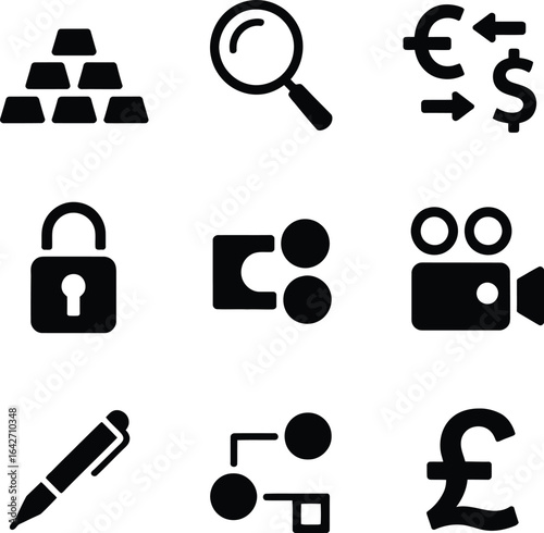 Finance and business icons with gold bars lock and currency symbols bullion wealth