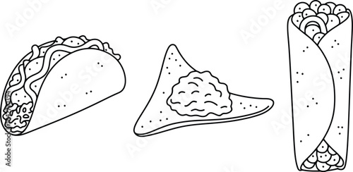 Taco burrito and nachos vector illustration mexican food art