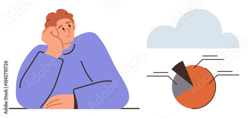 Individual resting head on hand, contemplating a pie chart with labeled segments and a cloud. Ideal for strategy, analysis, data, problem-solving, planning, business decision-making. Simple flat