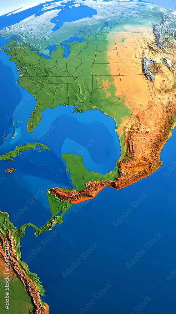 Fototapeta premium A detailed relief map of North America, showcasing varied terrains and coastlines
