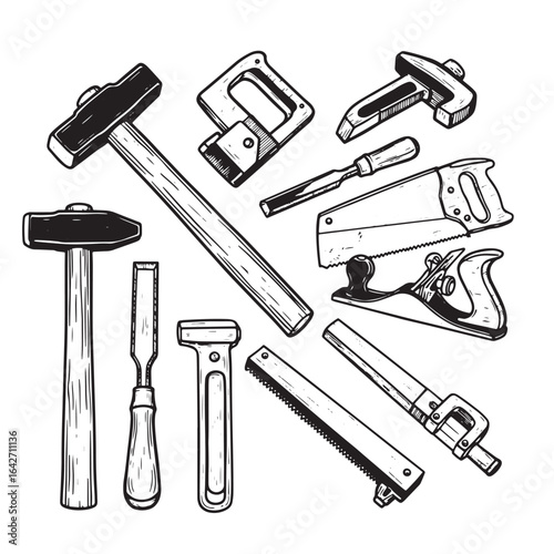 Hand drawn collection of carpentry tools illustrations suitable for woodworking and craftsmanship designs
