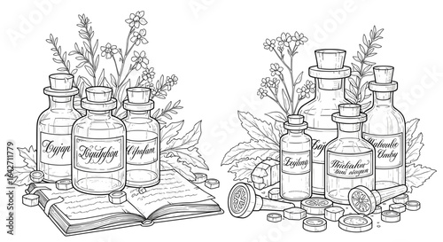 Apothecary coloring page for adults with vintage bottles and herbs