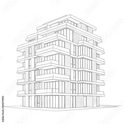 Modern apartment building architectural drawing with balconies design