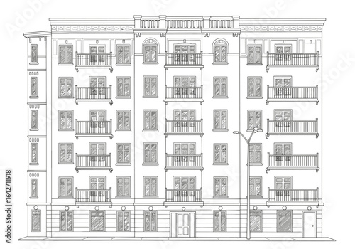 Architectural line drawing of a parisian building facade illustration