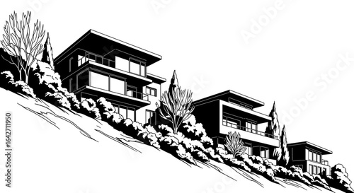 Modern house architecture black and white homes on a hillside drawing